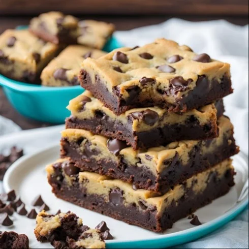 Delicious chocolate chip cookie brownies stacked on a plate