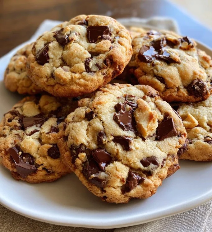 Freshly baked chocolate chip cookies with melted chocolate chips