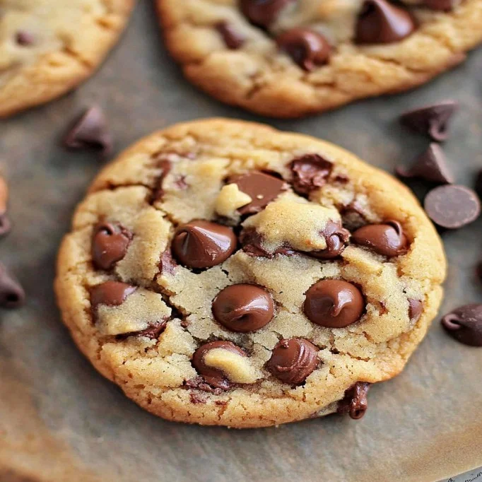 Freshly baked chocolate chip cookies on a cooling rack.