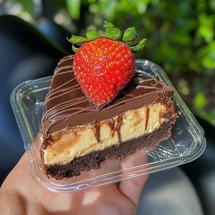 Chocolate Covered Strawberry Brownie Cheesecake slice topped with strawberries