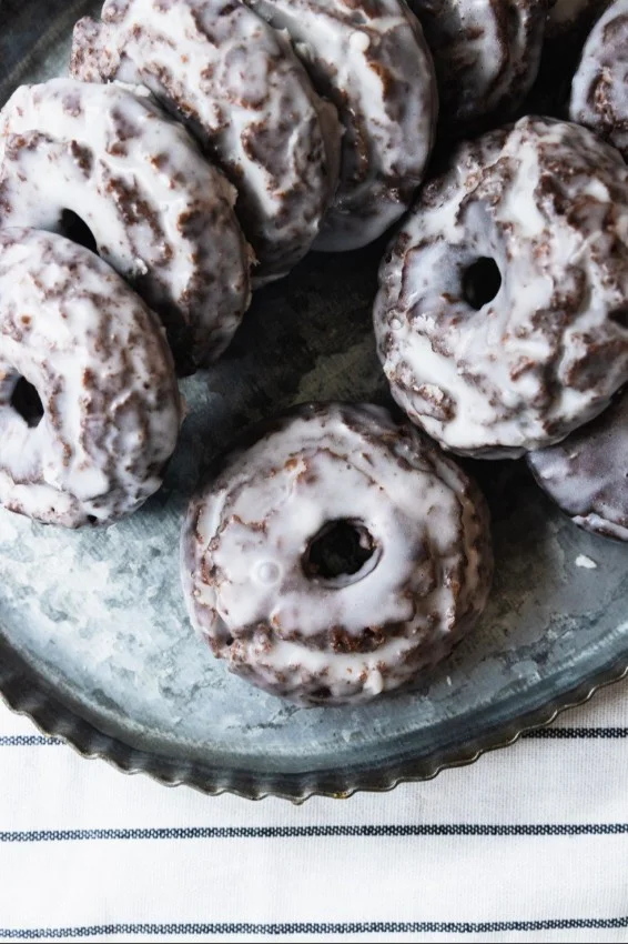 Delicious chocolate old-fashioned donuts topped with chocolate glaze.