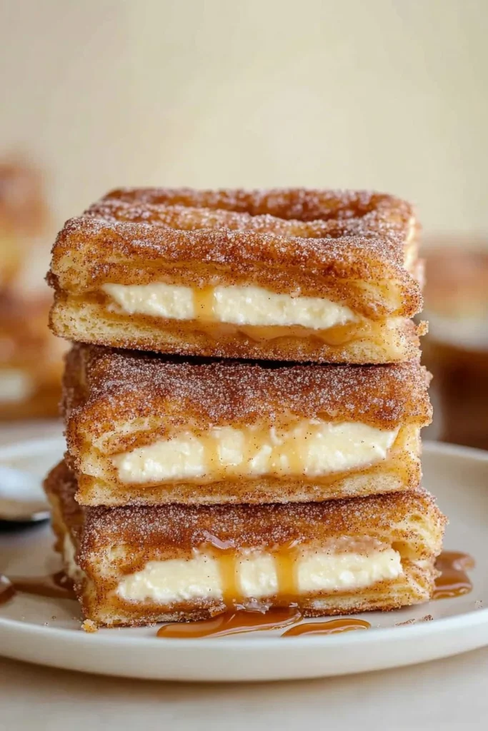 Delicious churro cheesecake topped with cinnamon sugar and caramel.