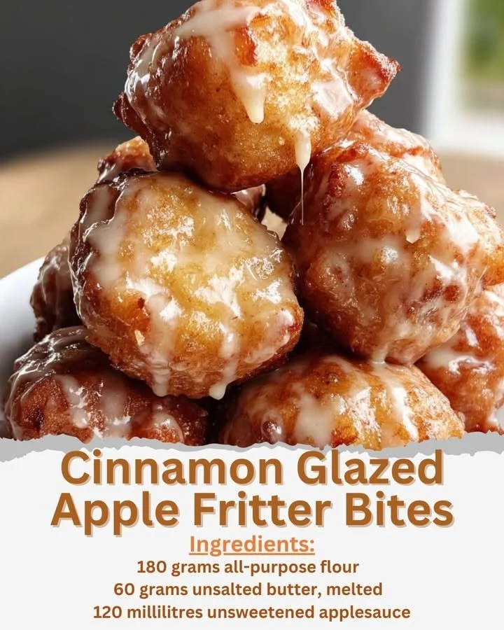 Cinnamon glazed apple fritter bites on a plate, drizzled with icing.