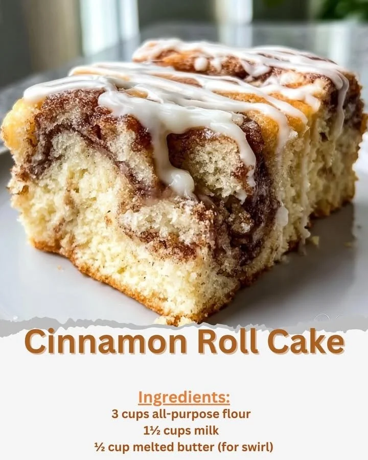 Delicious cinnamon roll cake with gooey cinnamon swirls and icing on top