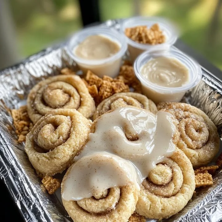 Freshly baked cinnamon roll cookies on a cooling rack