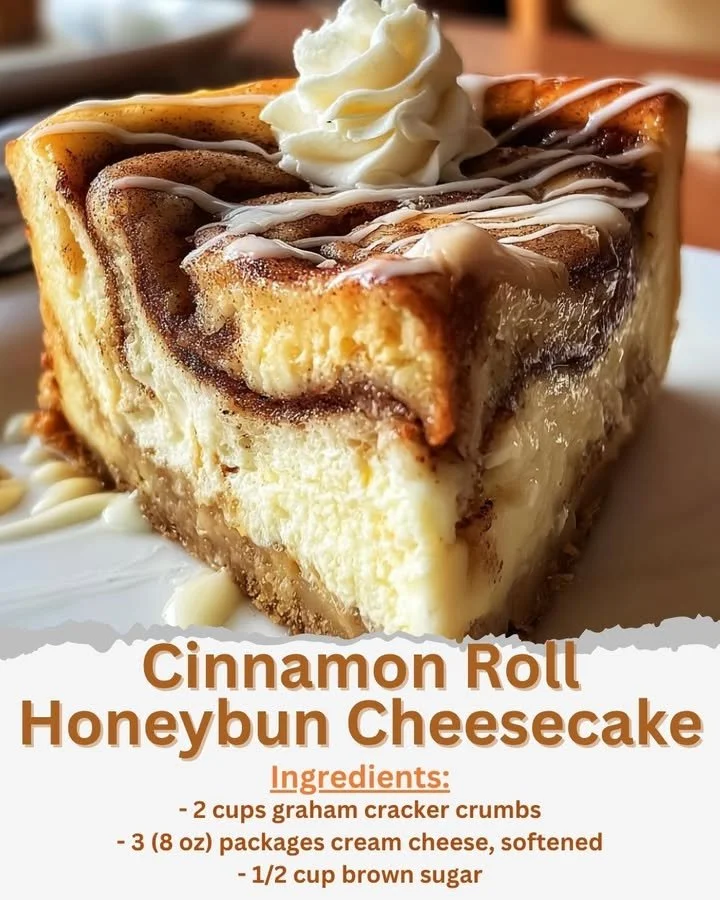 Cinnamon Roll Honeybun Cheesecake topped with swirls of cinnamon icing