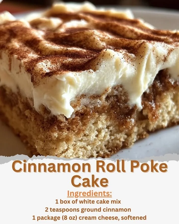 Delicious Cinnamon Roll Poke Cake topped with icing and cinnamon swirls