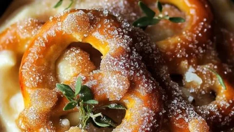 Golden brown cinnamon sugar pretzels with a sugary coating on a wooden board.
