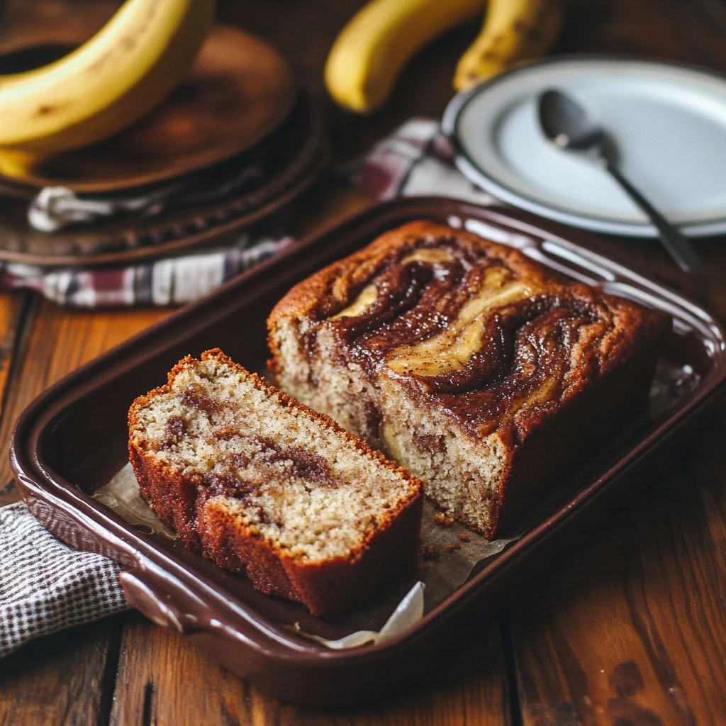 Delicious cinnamon swirl banana bread fresh from the oven, perfect for breakfast.