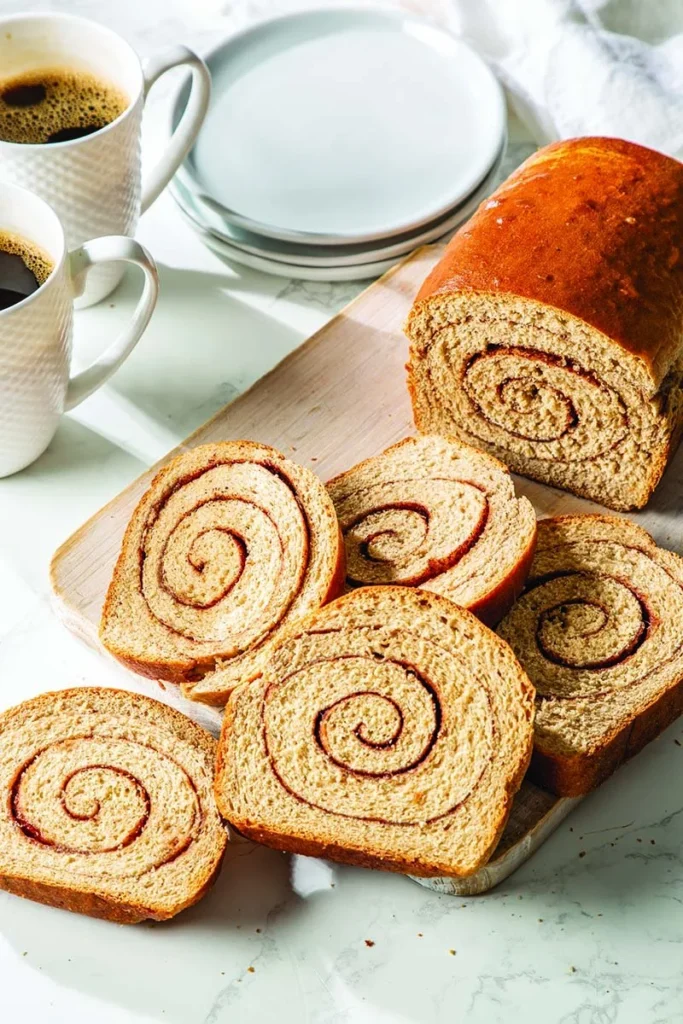 Cinnamon-swirled banana bread loaf on a wooden table