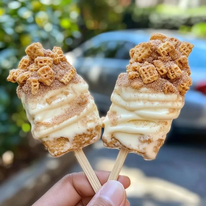 Cinnamon Toast Crunch Cheesecake Pops on a plate, topped with cereal pieces.