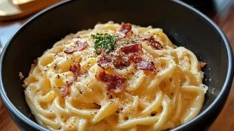 A delicious bowl of classic Bacon Carbonara topped with crispy bacon and cheese.