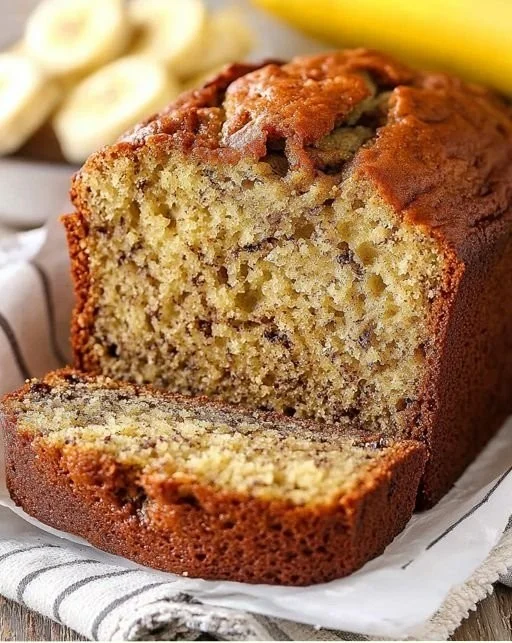 A freshly baked loaf of classic banana bread on a wooden cutting board