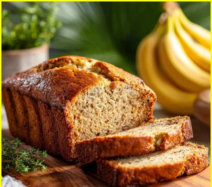 Loaf of classic banana bread with slices ready to serve