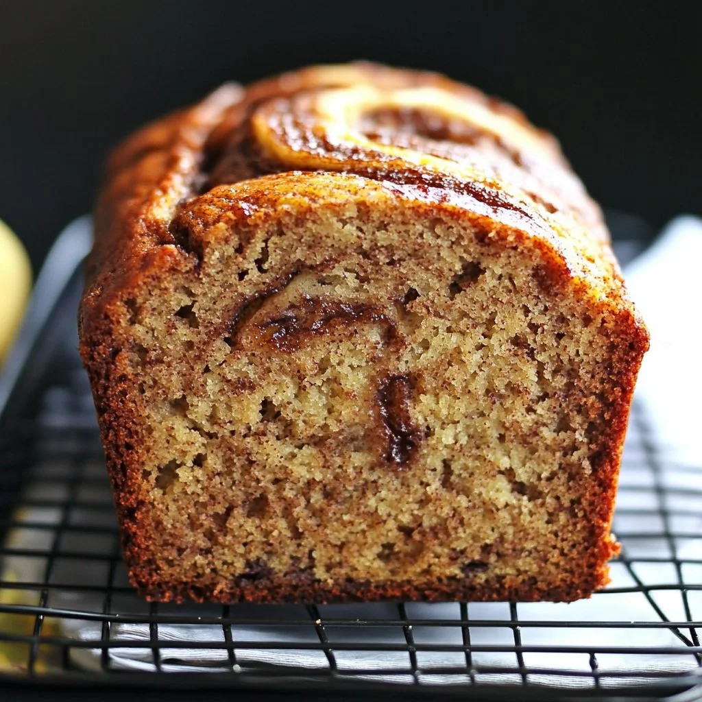 Loaf of classic cinnamon swirl banana bread with a golden crust