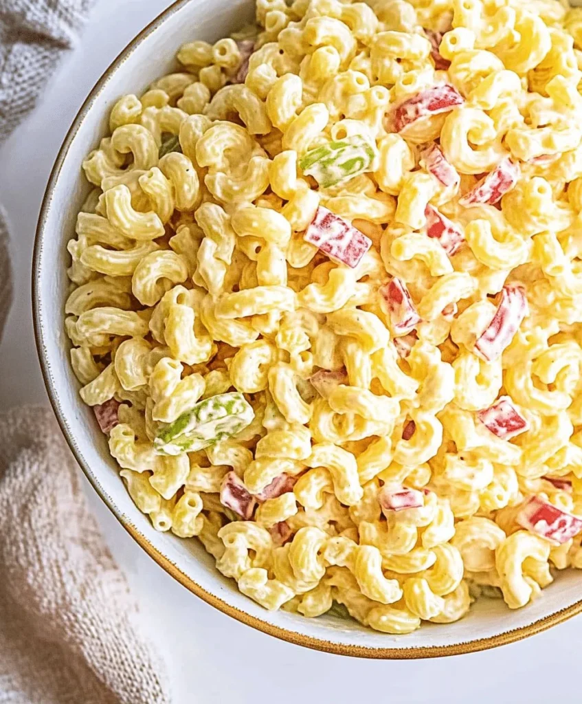 A bowl of classic macaroni salad with veggies and dressing for a refreshing dish