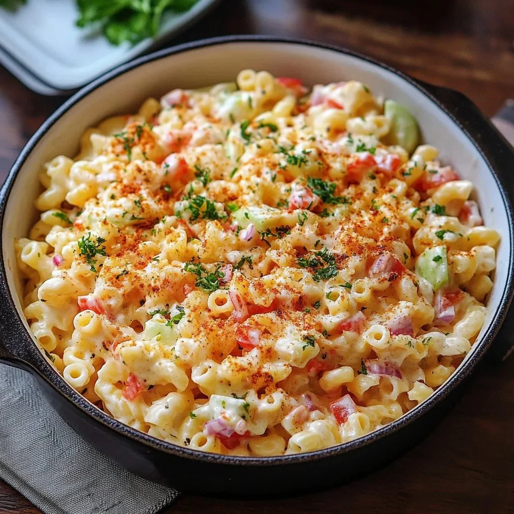 Bowl of classic macaroni salad with vegetables and dressing