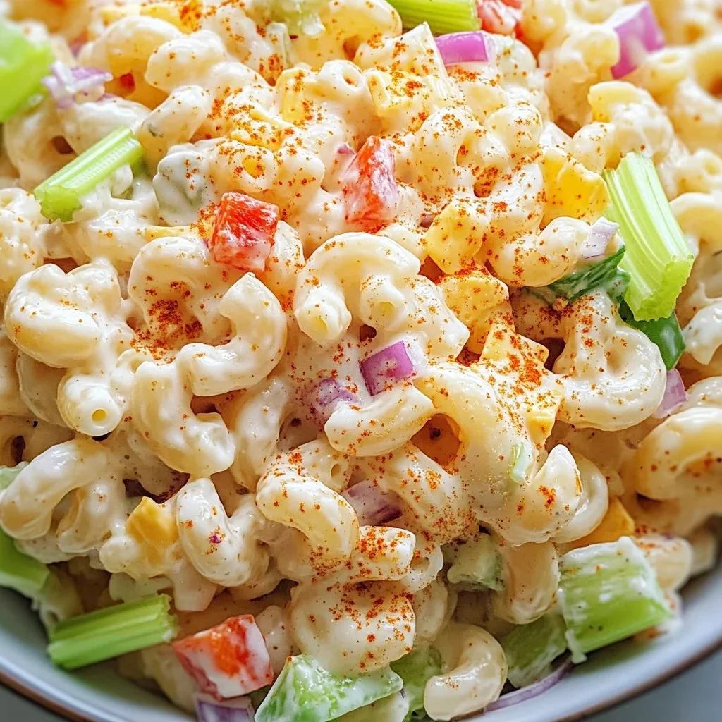 A bowl of Classic Macaroni Salad with vegetables and creamy dressing