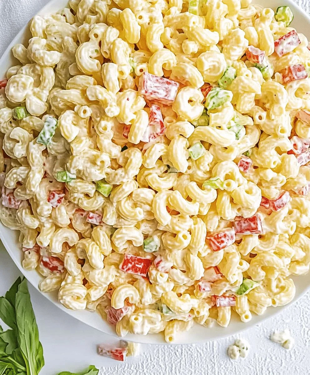 Bowl of classic macaroni salad with veggies and dressing