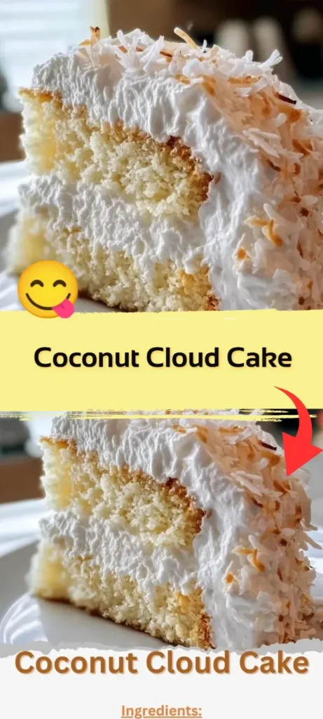 Fluffy Coconut Cloud Cake topped with coconut flakes and frosting