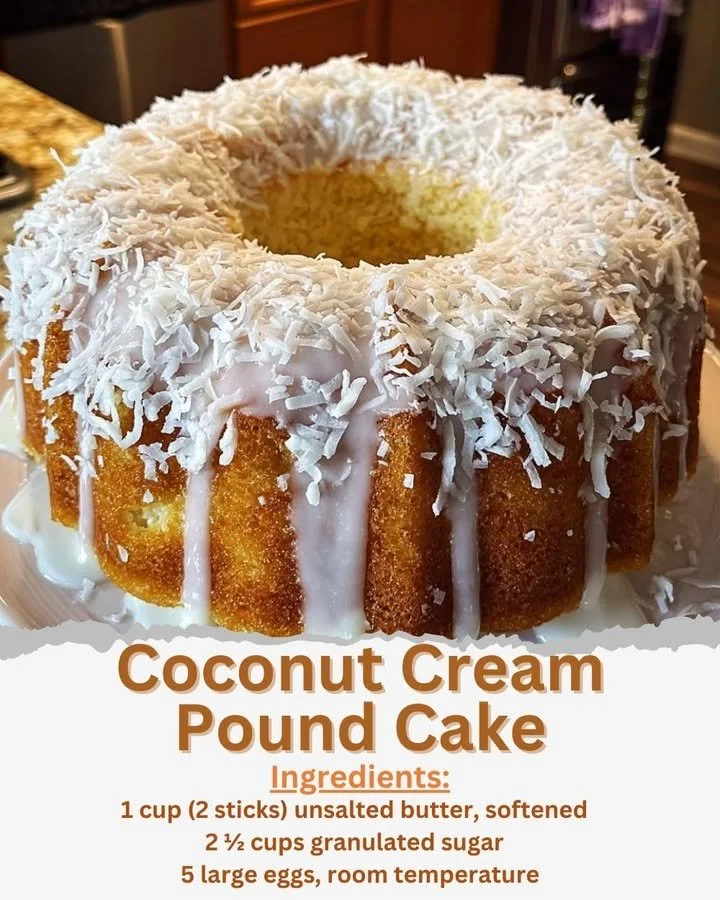 Slice of moist Coconut Cream Pound Cake on a plate with coconut flakes