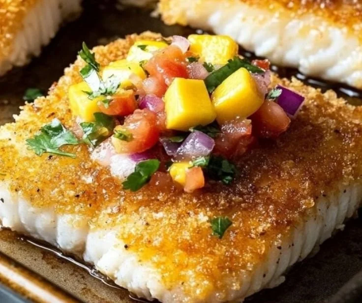 Coconut-Panko Crusted Fish served with fresh mango salsa on a plate