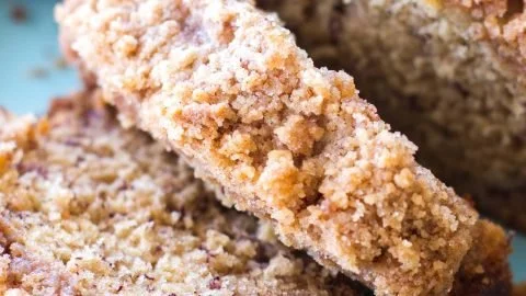 Slices of Coffee Cake Banana Bread topped with cinnamon streusel