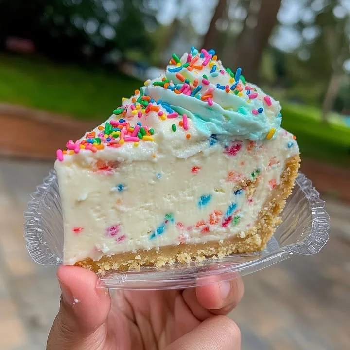 Delicious Confetti Cheesecake topped with colorful sprinkles and creamy frosting.