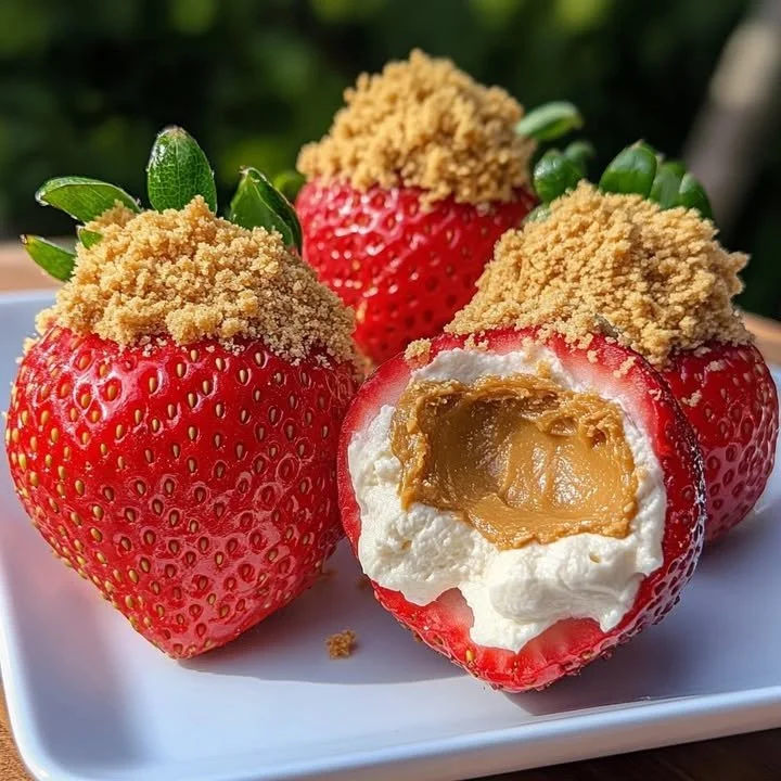 Delicious cookie butter cheesecake stuffed strawberries on a plate