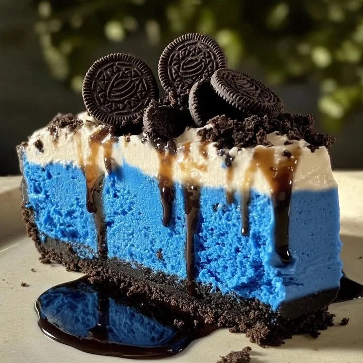 Delicious Cookie Monster Cheesecake topped with cookie crumbles and blue frosting