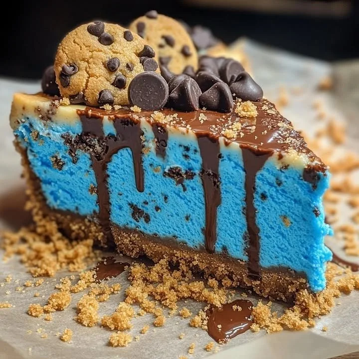 Slice of Cookie Monster Cheesecake topped with cookie crumbles and blue frosting