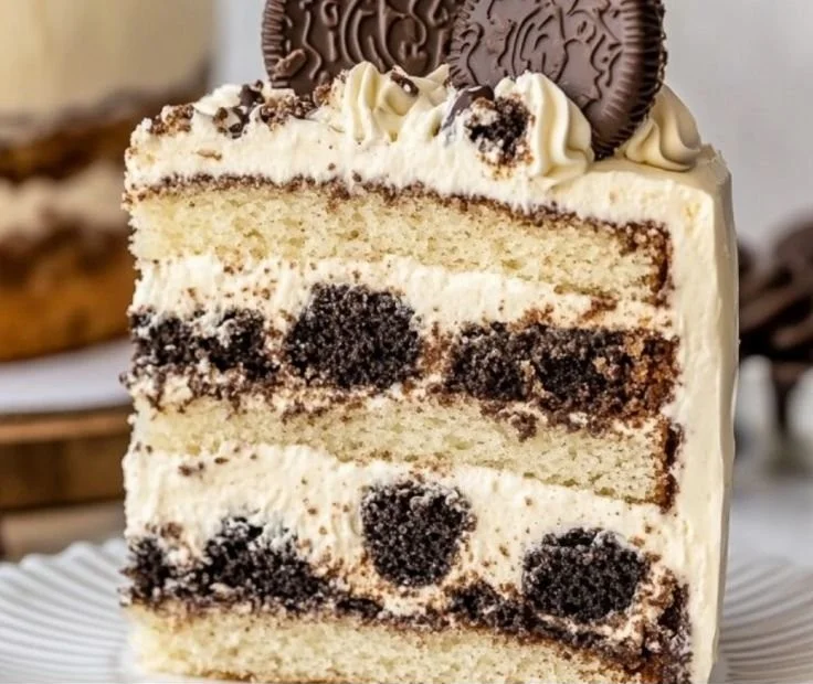 A delicious slice of Cookies and Cream Cake topped with crushed cookies.