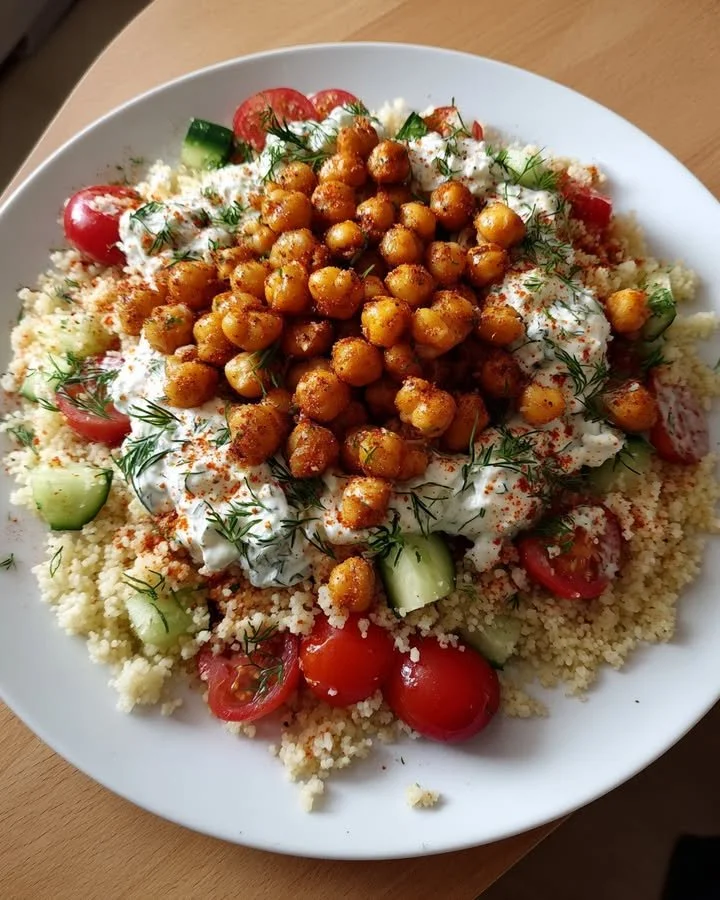Couscous salad topped with roasted chickpeas and herbed yogurt dressing