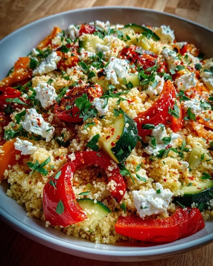 Delicious couscous salad with roasted peppers and lemon whipped feta