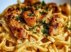 Cowboy Butter Chicken Linguine served in a bowl with fresh herbs
