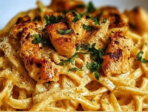 Plate of Cowboy Butter Chicken Linguine topped with fresh herbs