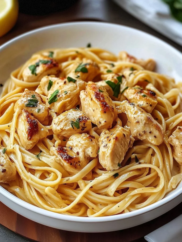 Delicious Cowboy Butter Chicken Linguine featuring creamy butter chicken sauce over pasta.