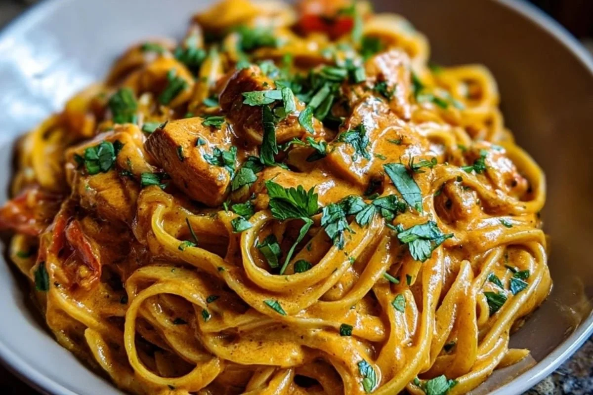 Plated Cowboy Butter Chicken Linguine with herbs and spices