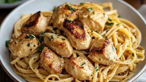Plate of Cowboy Butter Chicken Linguine garnished with herbs and spices.