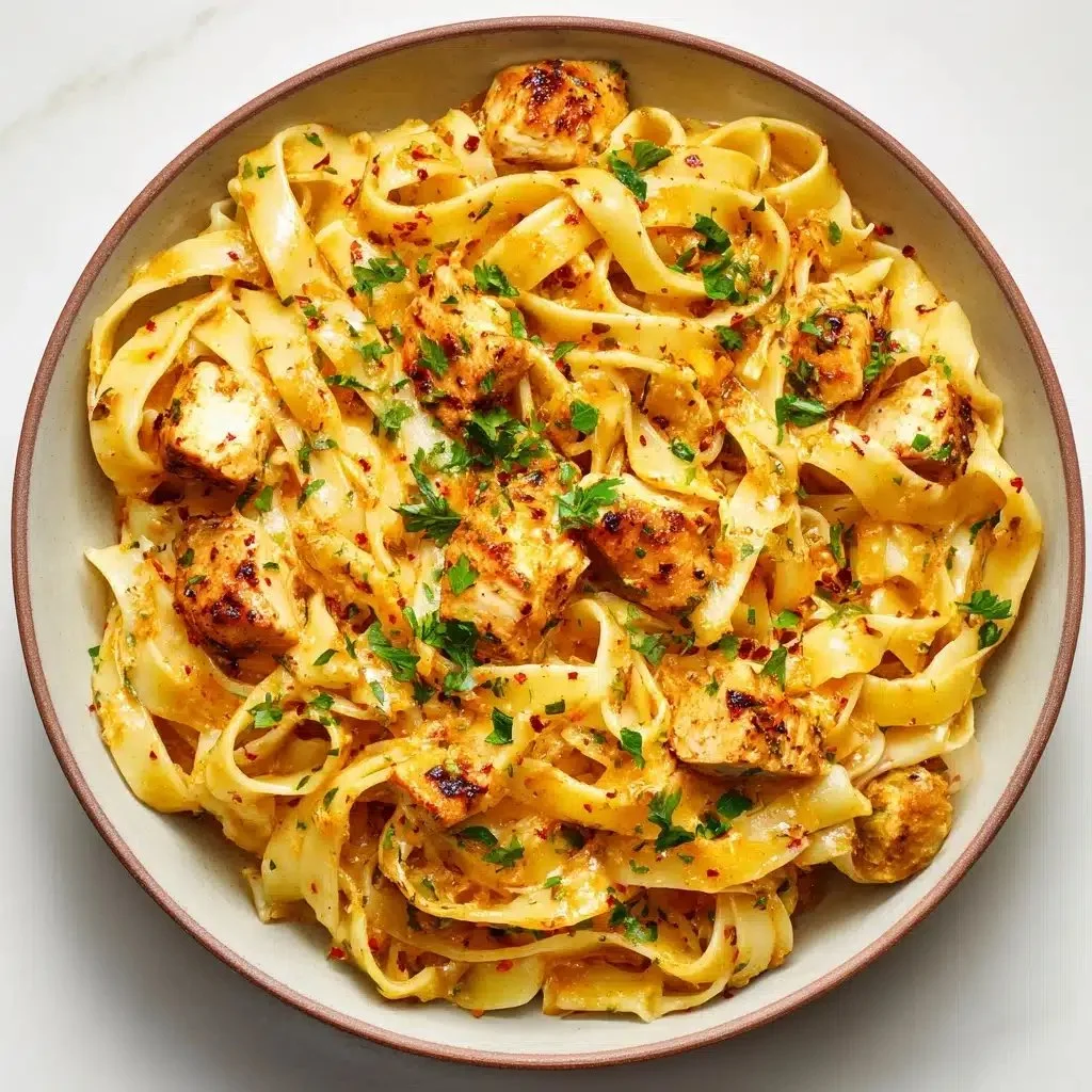 Cowboy Butter Chicken Linguine dish topped with fresh herbs and spices