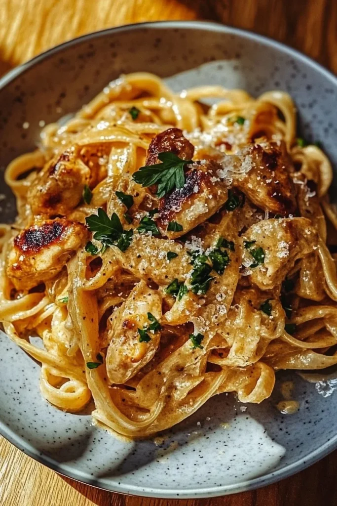 Plate of Cowboy Butter Chicken Linguine showcasing creamy sauce and pasta