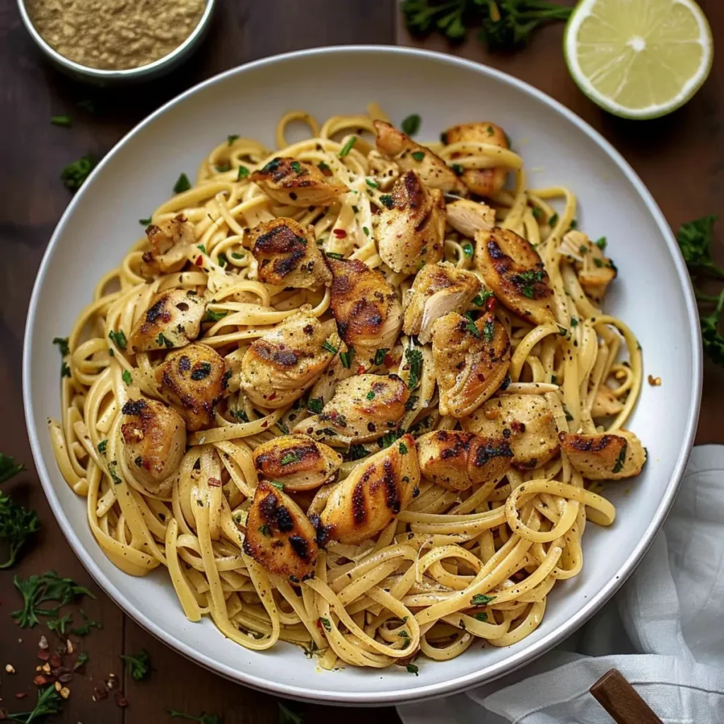 Delicious Cowboy Butter Chicken Linguine garnished with parsley and served with pasta.