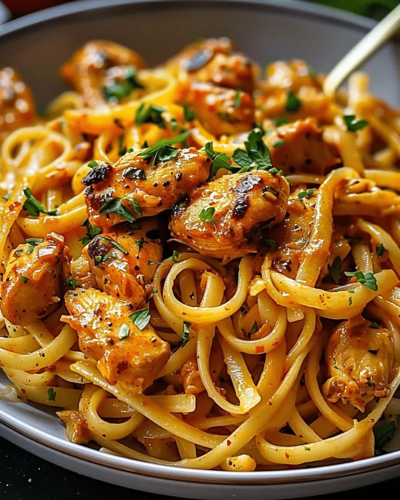 Delicious Cowboy Butter Chicken Linguine served in a bowl