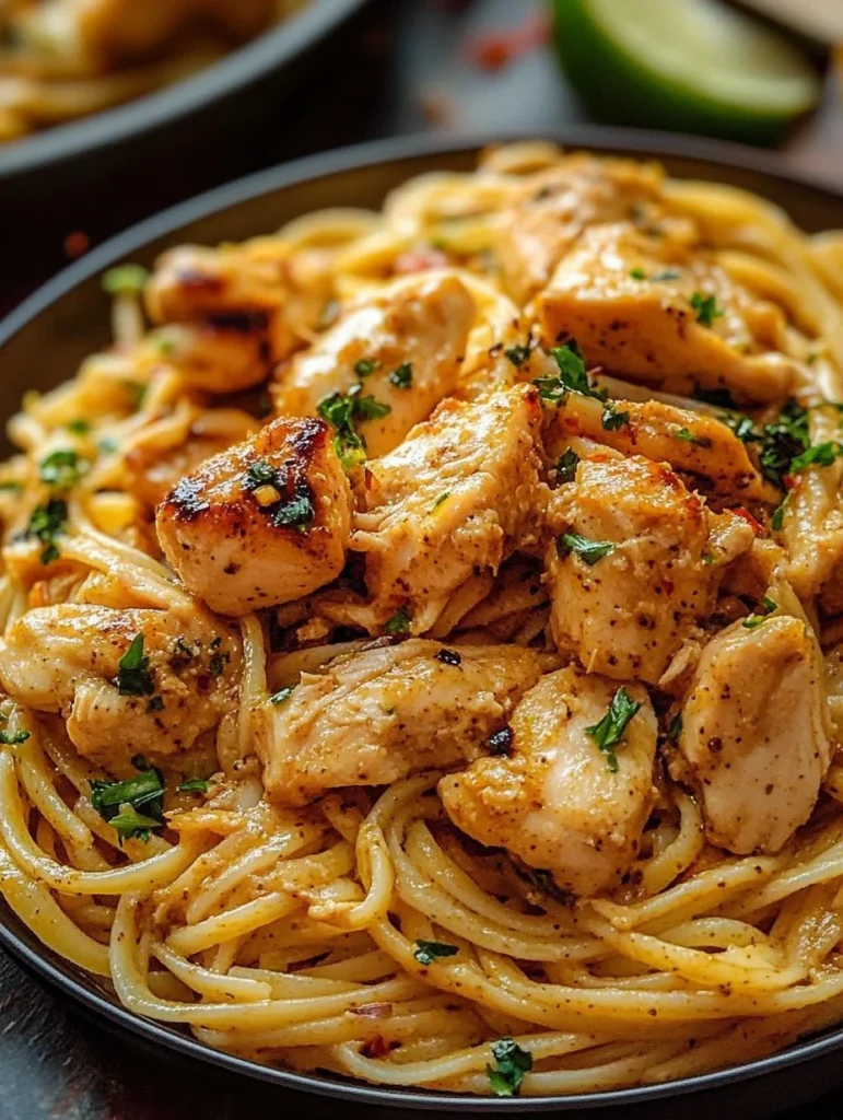 Plate of Cowboy Butter Chicken Linguine with creamy sauce and herbs
