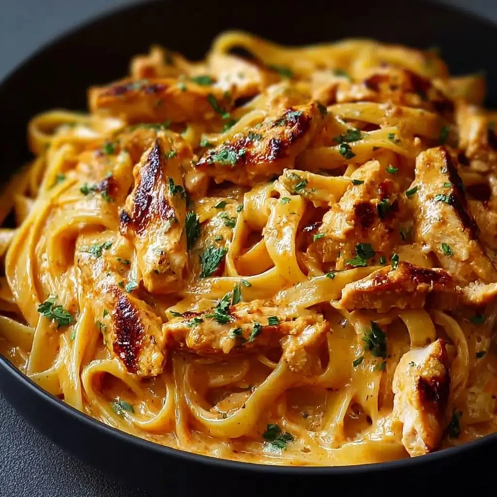 Creamy Cowboy Butter Chicken Linguine garnished with herbs and spices