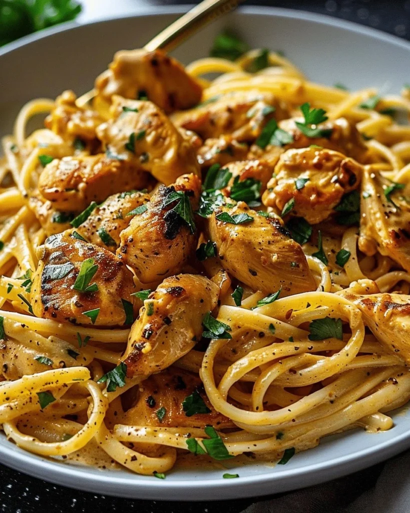 Cowboy Butter Chicken Linguine served with fresh herbs and spices
