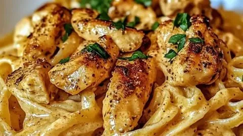 Creamy Cowboy Butter Chicken Linguine served in a bowl with fresh herbs.