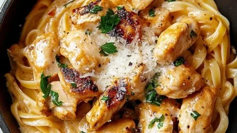 Delicious Cowboy Butter Chicken Linguine served in a bowl