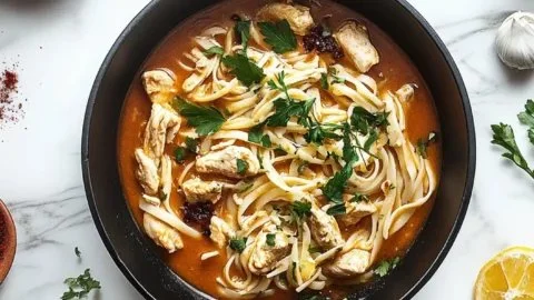 Delicious Cowboy Butter Chicken Linguine garnished with fresh herbs.
