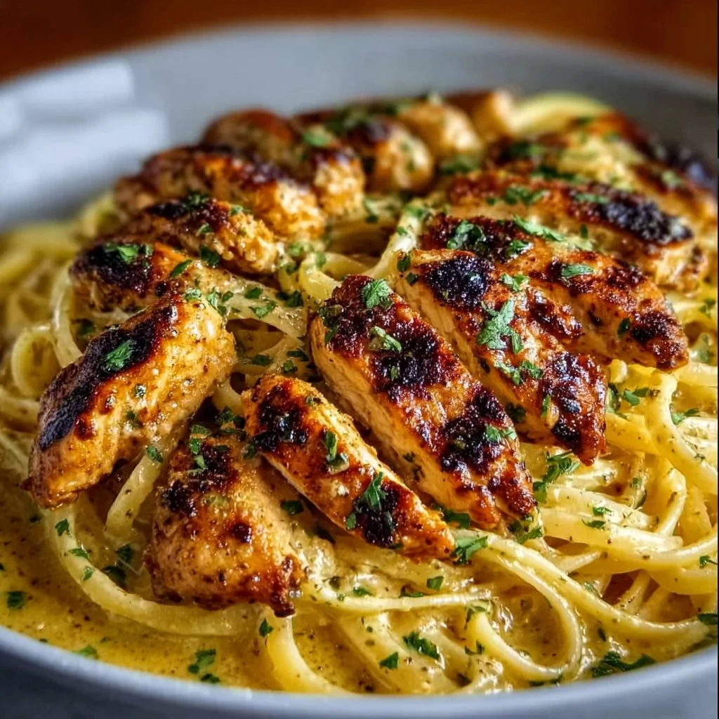 Delicious Cowboy Butter Chicken Linguine topped with fresh herbs and spices